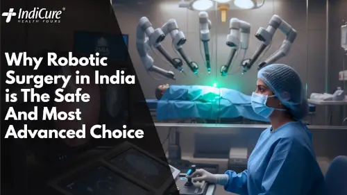 Surgeon operating a robotic surgical system console over a patient in a modern hospital setting, illustrating the safety and advanced technology of Robotic surgery in India.